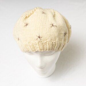 Quirky Hand Knit Cream Wool Beret Embellished with Crocheted Mohair Stars